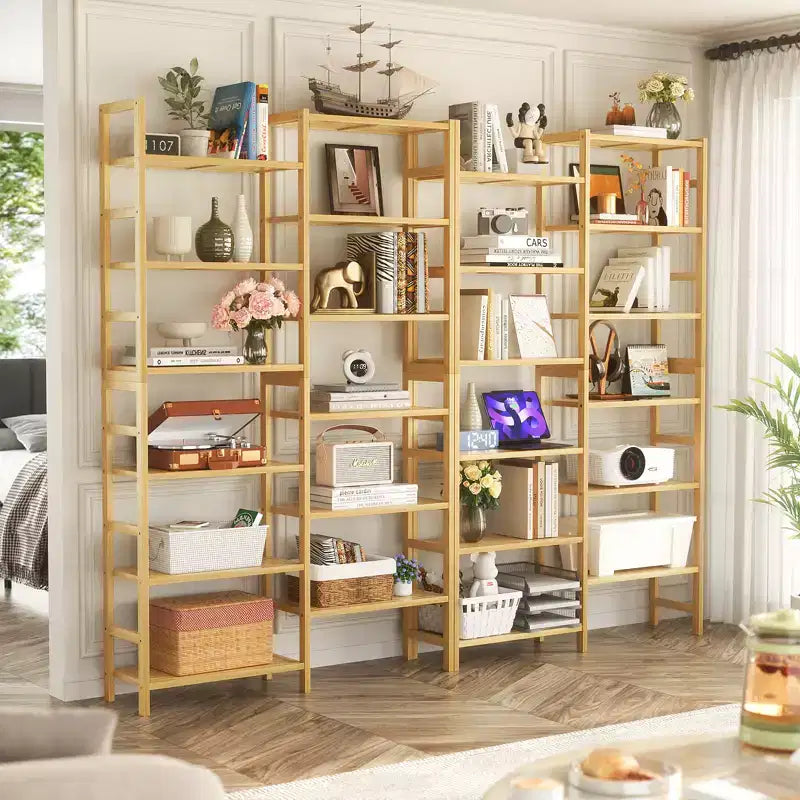 41-Étagère de bibliothèque avec 12 tablettes ouvertes, unité de rangement en bambou