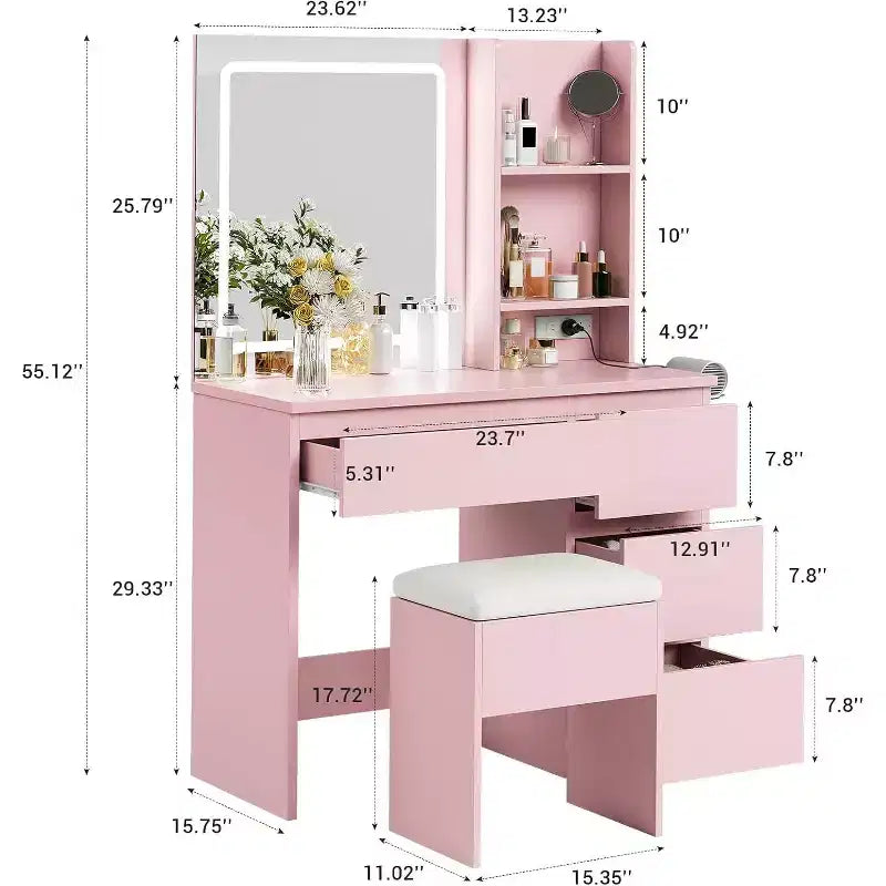 Coiffeuse avec miroir lumineux et 4 tiroirs, rose