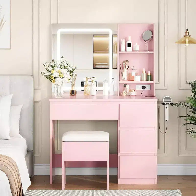 Coiffeuse avec miroir lumineux et 4 tiroirs, rose