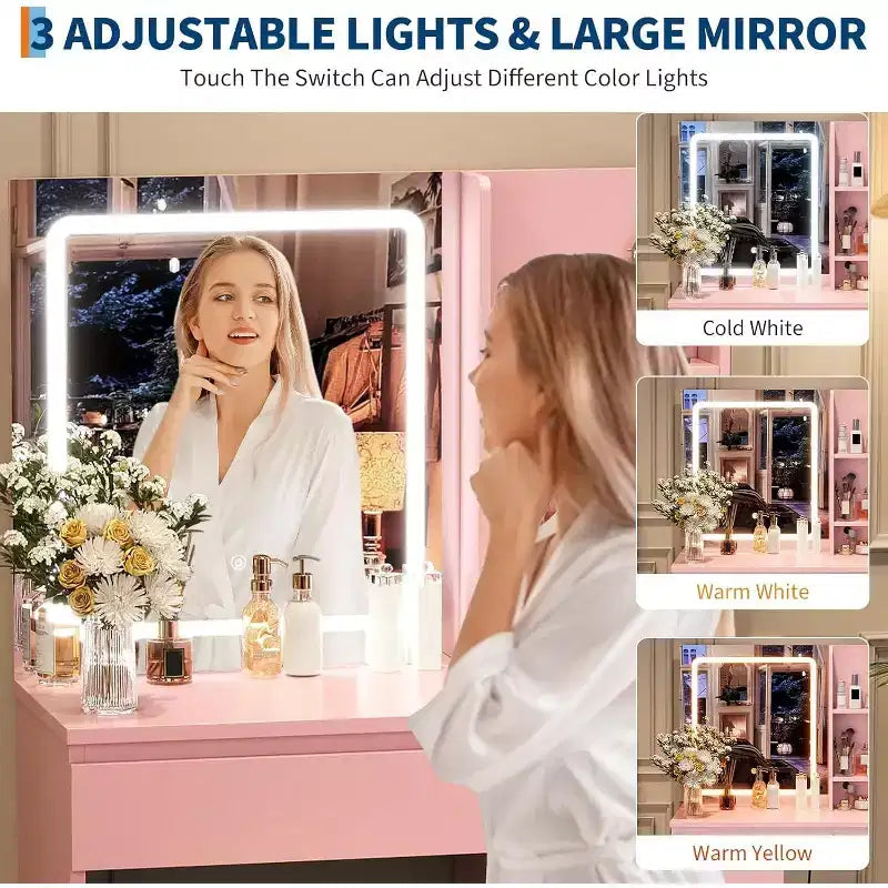 Coiffeuse avec miroir lumineux et 4 tiroirs, rose