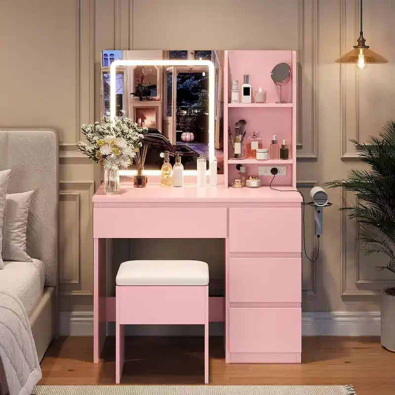 Coiffeuse avec miroir lumineux et 4 tiroirs, rose