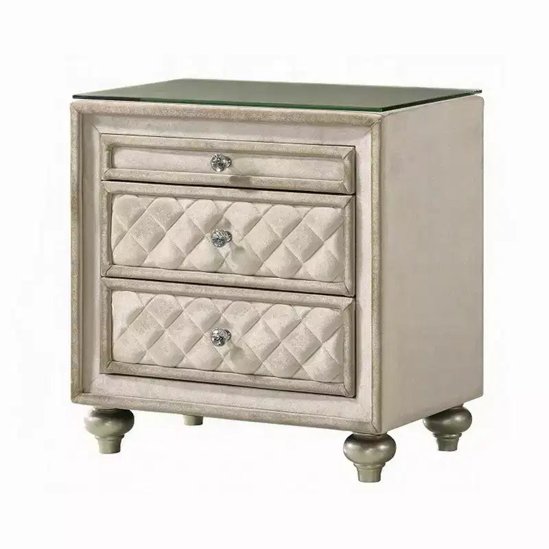 Table de chevet, 2 tiroirs, plateau coulissant, bois 68,5 cm, velours beige