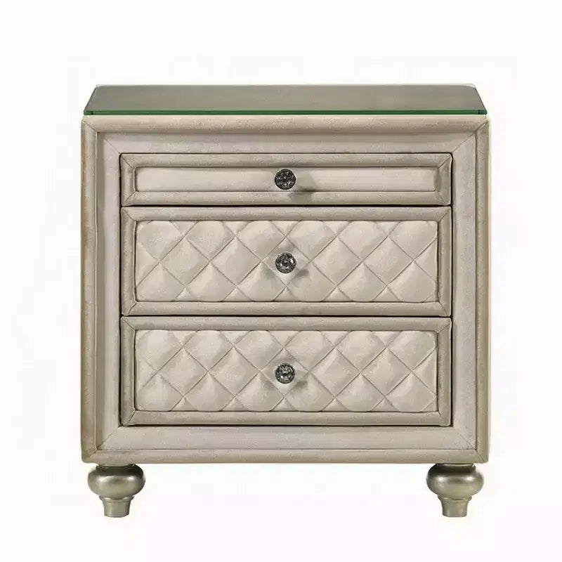 Table de chevet, 2 tiroirs, plateau coulissant, bois 68,5 cm, velours beige