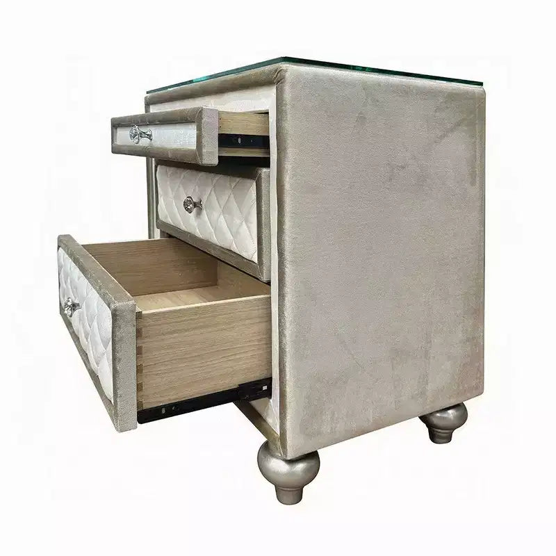 Table de chevet, 2 tiroirs, plateau coulissant, bois 68,5 cm, velours beige