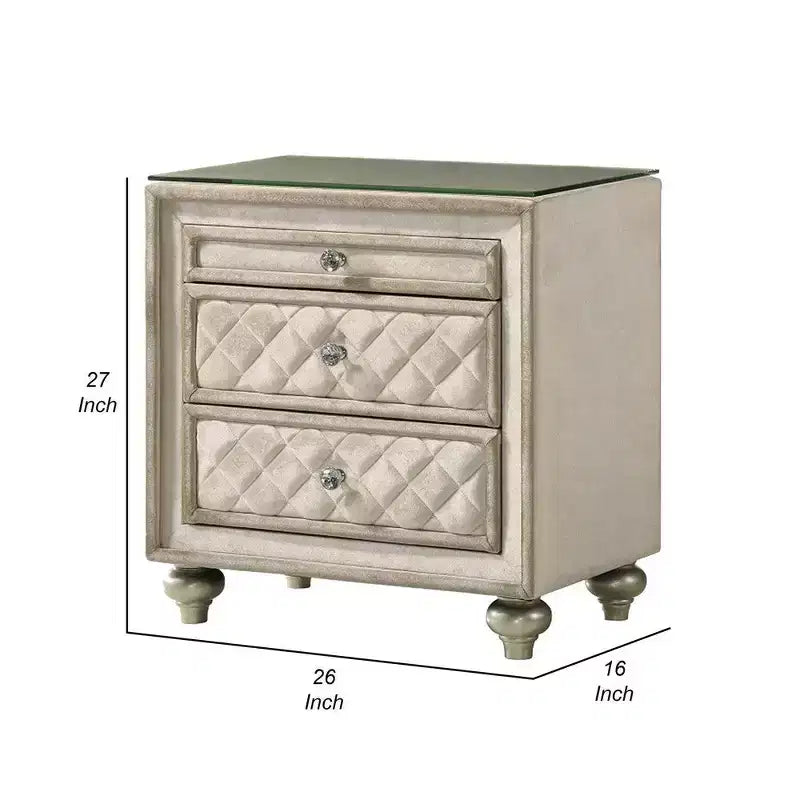 Table de chevet, 2 tiroirs, plateau coulissant, bois 68,5 cm, velours beige