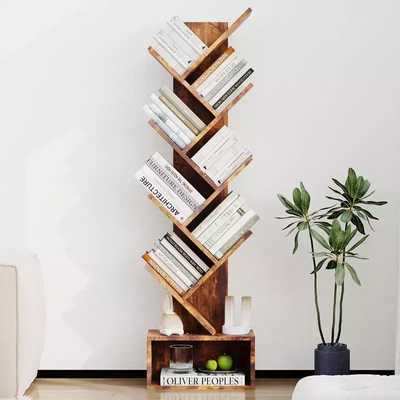 Étagère bibliothèque à 8 niveaux en forme d'arbre, style rustique, avec étagères ouvertes, idéale pour les salons, les chambres et les bureaux