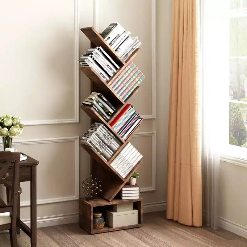 Étagère bibliothèque à 8 niveaux en forme d'arbre, style rustique, avec étagères ouvertes, idéale pour les salons, les chambres et les bureaux