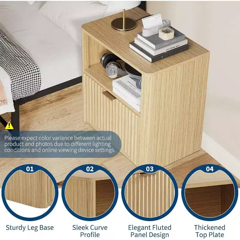Table de Chevet Mid-Century Moderne, Table de Chevet Canelée de 58 cm de Large avec Tiroir et Rangement, Table de Chevet Canelée pour Chambre à Coucher, Canapé, Bureau