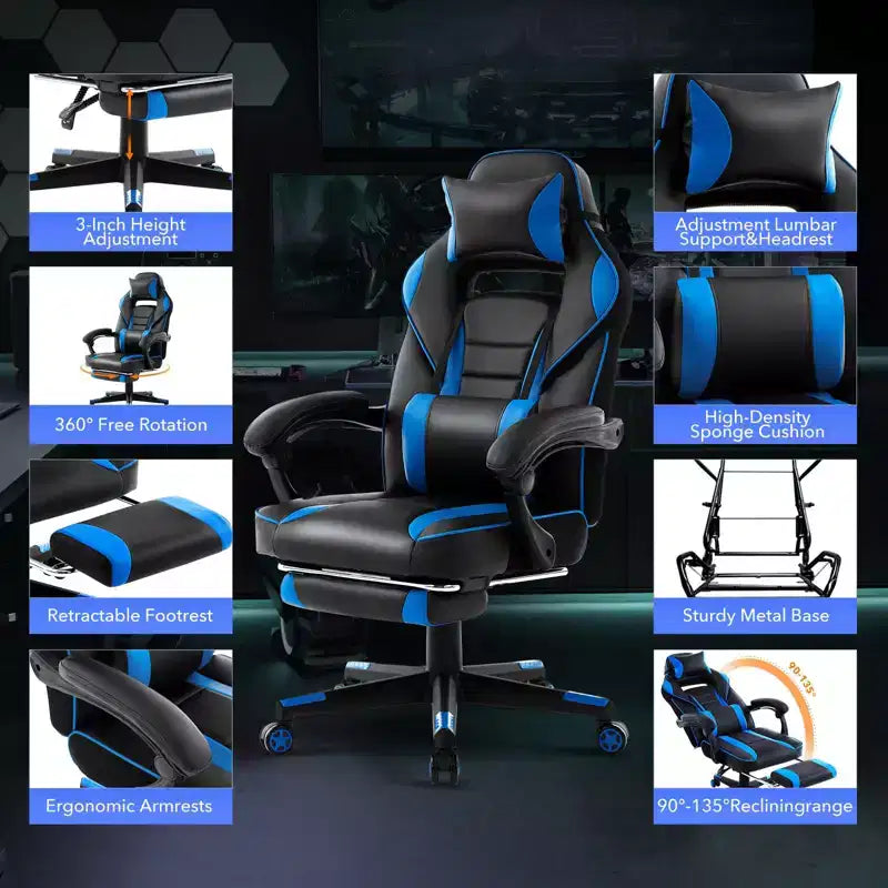 Big and Tall Office Chair, High Back Leather Gaming Chair with Footrest, Ergonomic Computer Chair w/Lumbar Support & Headrest, 360 Swivel Base