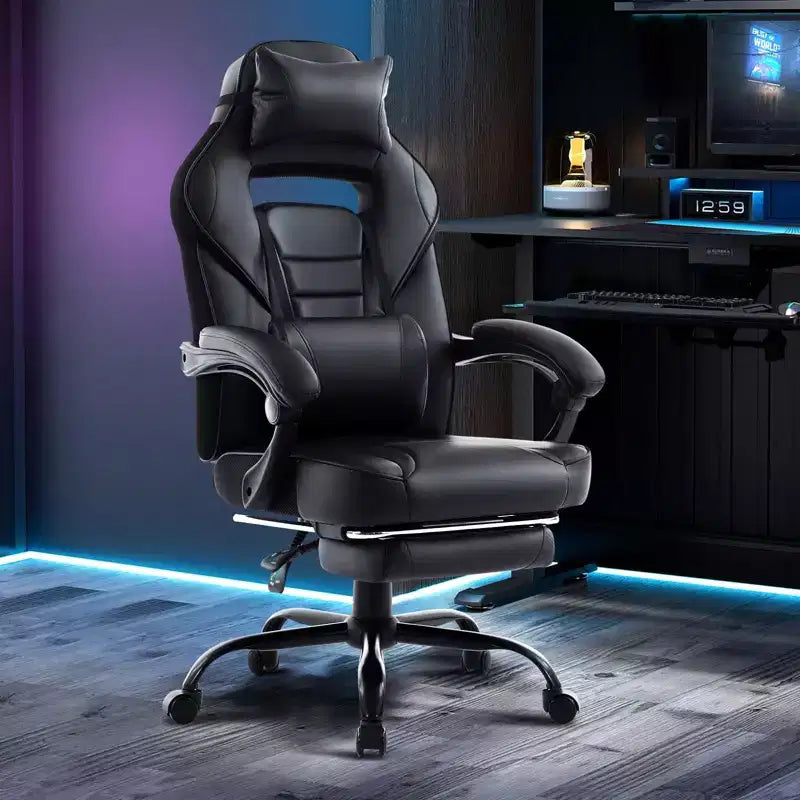 Big and Tall Office Chair, High Back Leather Gaming Chair with Footrest, Ergonomic Computer Chair w/Lumbar Support & Headrest, 360 Swivel Base