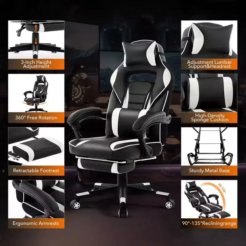 Big and Tall Office Chair, High Back Leather Gaming Chair with Footrest, Ergonomic Computer Chair w/Lumbar Support & Headrest, 360 Swivel Base