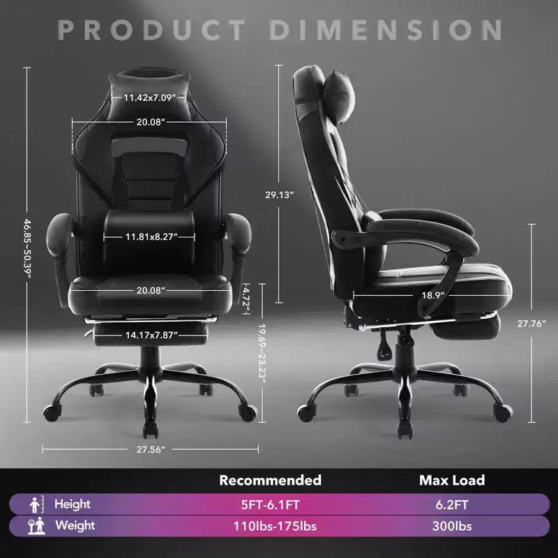 Big and Tall Office Chair, High Back Leather Gaming Chair with Footrest, Ergonomic Computer Chair w/Lumbar Support & Headrest, 360 Swivel Base