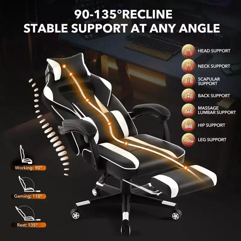 Big and Tall Office Chair, High Back Leather Gaming Chair with Footrest, Ergonomic Computer Chair w/Lumbar Support & Headrest, 360 Swivel Base