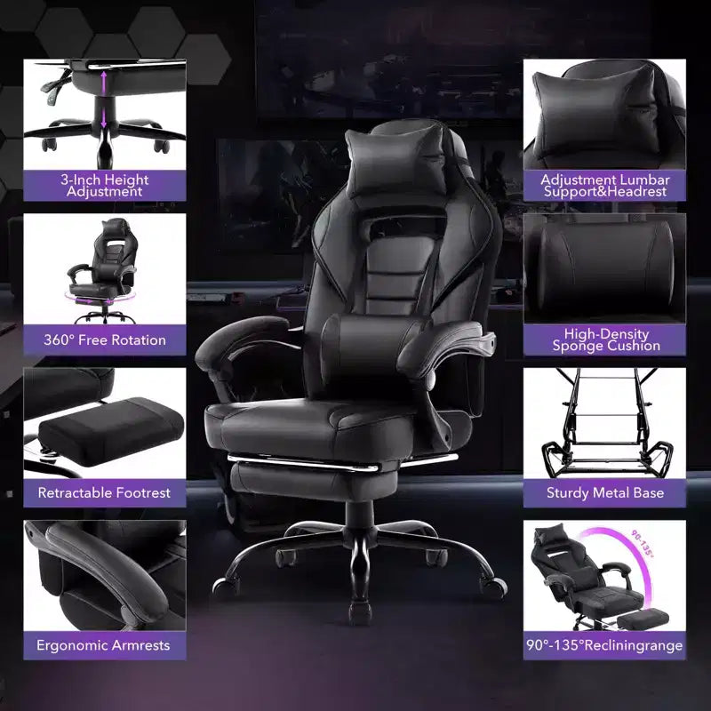 Big and Tall Office Chair, High Back Leather Gaming Chair with Footrest, Ergonomic Computer Chair w/Lumbar Support & Headrest, 360 Swivel Base
