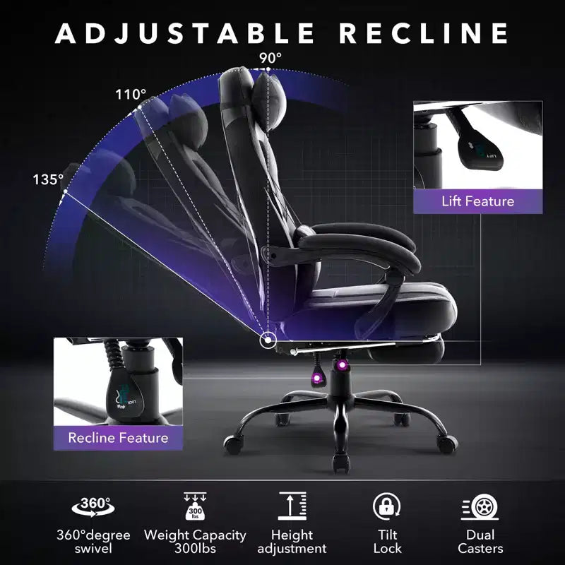 Big and Tall Office Chair, High Back Leather Gaming Chair with Footrest, Ergonomic Computer Chair w/Lumbar Support & Headrest, 360 Swivel Base