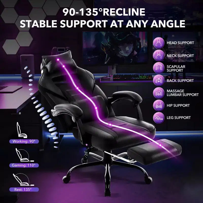Big and Tall Office Chair, High Back Leather Gaming Chair with Footrest, Ergonomic Computer Chair w/Lumbar Support & Headrest, 360 Swivel Base
