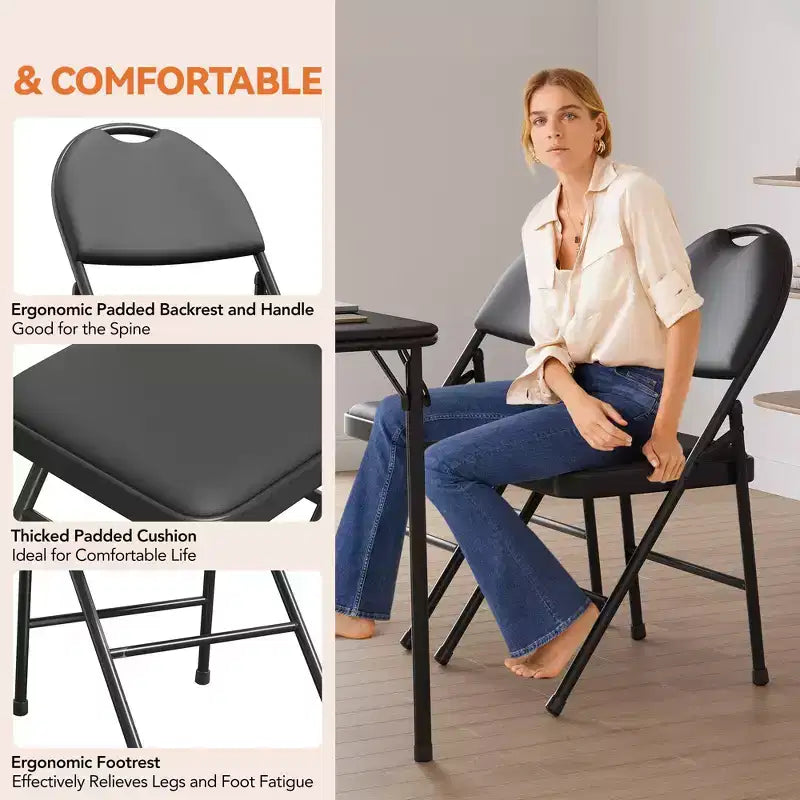 Lot de 4 chaises pliantes noires, ensemble de 4 chaises pliantes avec assise rembourrée, chaises de salle à manger pliantes en tissu coton-lin pour invités, cuisine, bureau