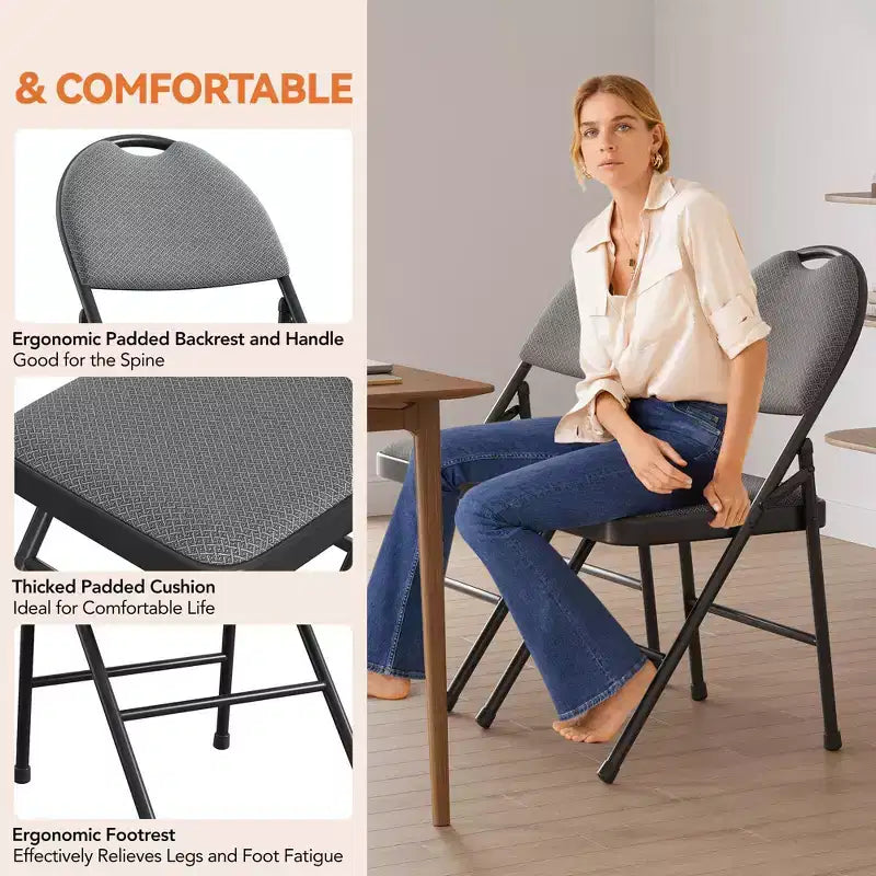 Lot de 4 chaises pliantes noires, ensemble de 4 chaises pliantes avec assise rembourrée, chaises de salle à manger pliantes en tissu coton-lin pour invités, cuisine, bureau