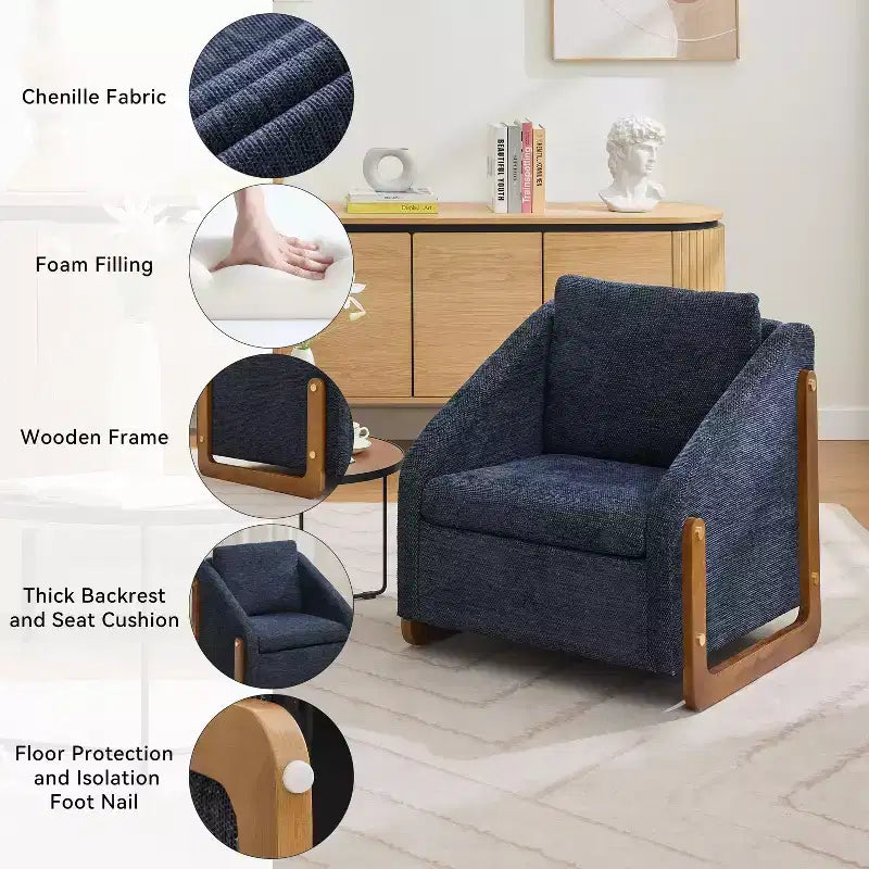 Homy Casa Chenille Upholstered Accent Chair with Wooden Frame, Modern Armchair for Living Room, Bedroom & Reading Corner, Navy Blue