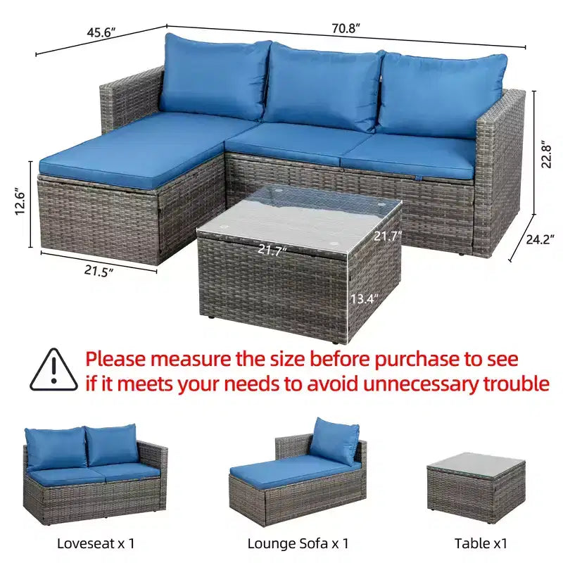 Celebalcony Ensemble de mobilier de patio 3 pièces, canapé d'angle d'extérieur en osier avec table basse, coussins antidérapants et toutes saisons pour jardin, arrière-cour, bleu