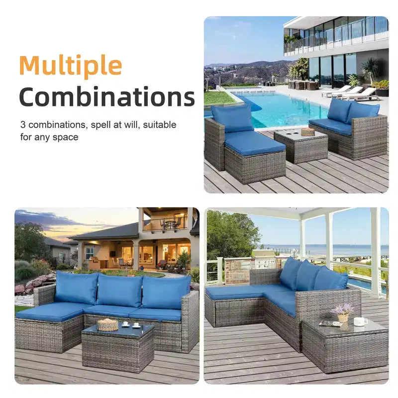 Celebalcony Ensemble de mobilier de patio 3 pièces, canapé d'angle d'extérieur en osier avec table basse, coussins antidérapants et toutes saisons pour jardin, arrière-cour, bleu