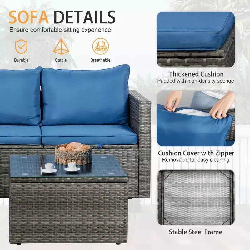 Celebalcony Ensemble de mobilier de patio 3 pièces, canapé d'angle d'extérieur en osier avec table basse, coussins antidérapants et toutes saisons pour jardin, arrière-cour, bleu