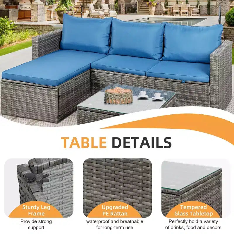 Celebalcony Ensemble de mobilier de patio 3 pièces, canapé d'angle d'extérieur en osier avec table basse, coussins antidérapants et toutes saisons pour jardin, arrière-cour, bleu