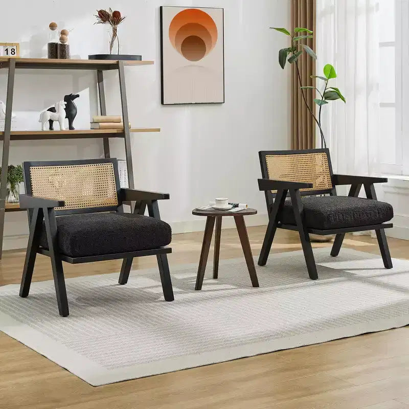 Fauteuil d'appoint de ferme du milieu du siècle - Fauteuil en bois avec dossier en rotin et coussin en lin pour salon, chambre à coucher - Assemblage facile