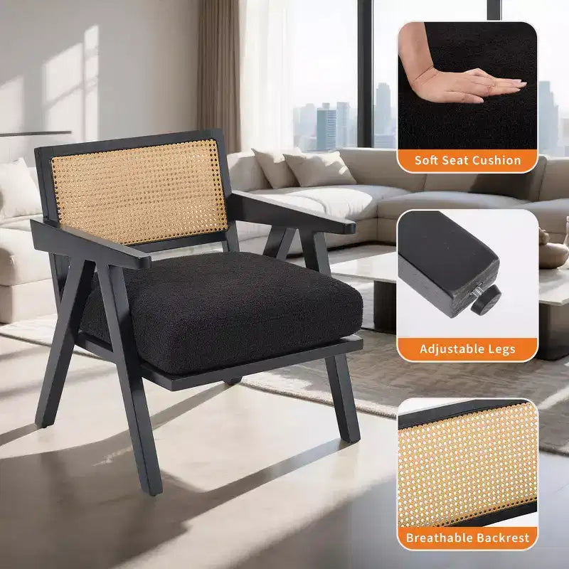 Fauteuil d'appoint de ferme du milieu du siècle - Fauteuil en bois avec dossier en rotin et coussin en lin pour salon, chambre à coucher - Assemblage facile
