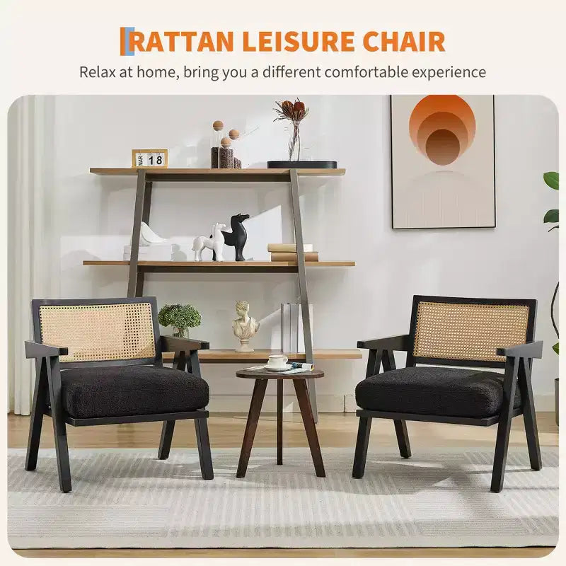 Fauteuil d'appoint de ferme du milieu du siècle - Fauteuil en bois avec dossier en rotin et coussin en lin pour salon, chambre à coucher - Assemblage facile