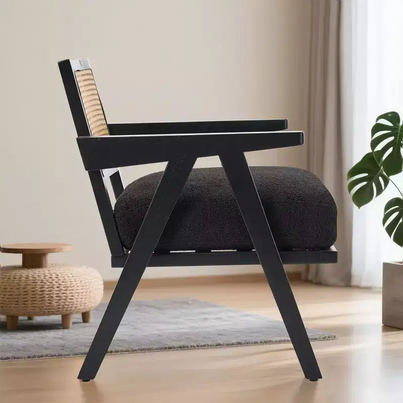 Fauteuil d'appoint de ferme du milieu du siècle - Fauteuil en bois avec dossier en rotin et coussin en lin pour salon, chambre à coucher - Assemblage facile