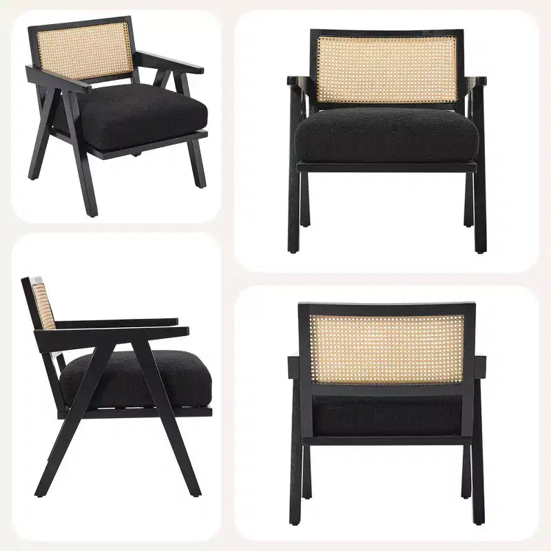 Fauteuil d'appoint de ferme du milieu du siècle - Fauteuil en bois avec dossier en rotin et coussin en lin pour salon, chambre à coucher - Assemblage facile