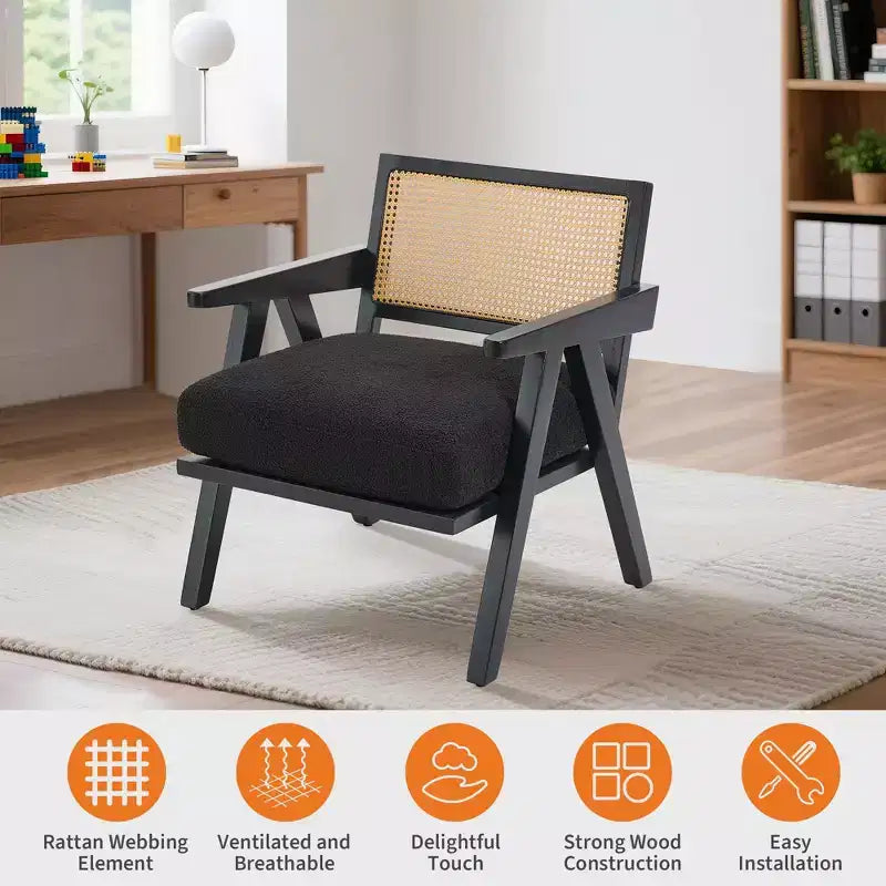 Fauteuil d'appoint de ferme du milieu du siècle - Fauteuil en bois avec dossier en rotin et coussin en lin pour salon, chambre à coucher - Assemblage facile