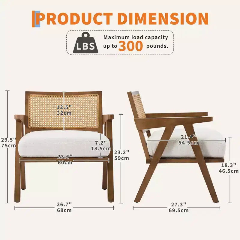 Fauteuil d'appoint de ferme du milieu du siècle - Fauteuil en bois avec dossier en rotin et coussin en lin pour salon, chambre à coucher - Assemblage facile