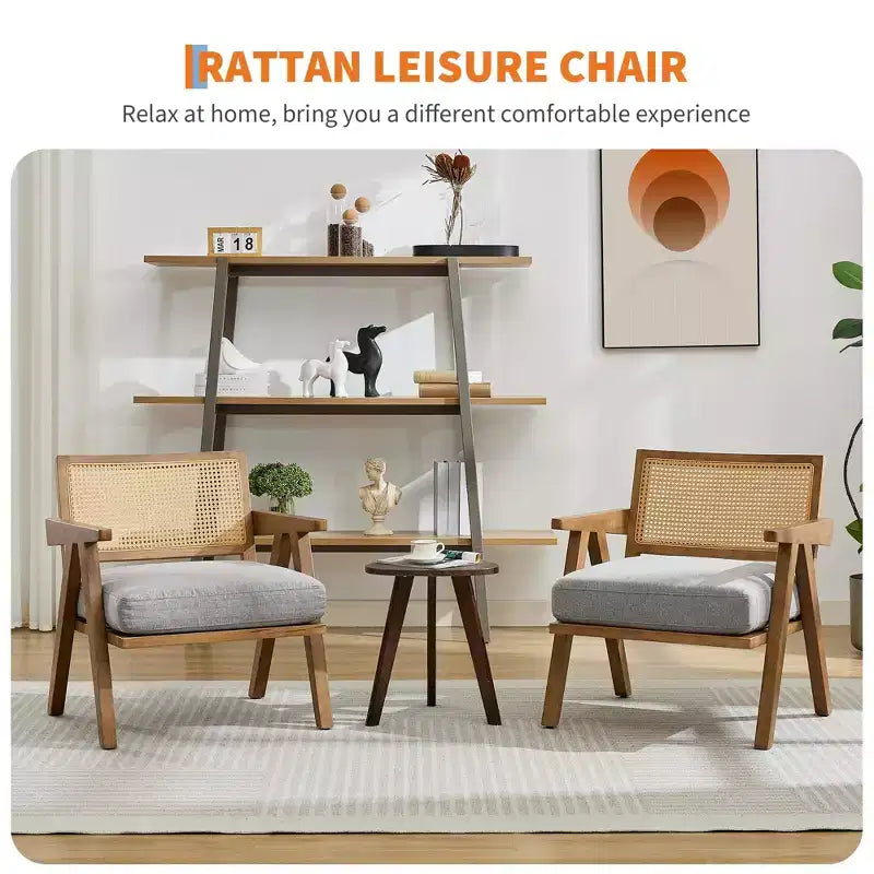 Fauteuil d'appoint de ferme du milieu du siècle - Fauteuil en bois avec dossier en rotin et coussin en lin pour salon, chambre à coucher - Assemblage facile