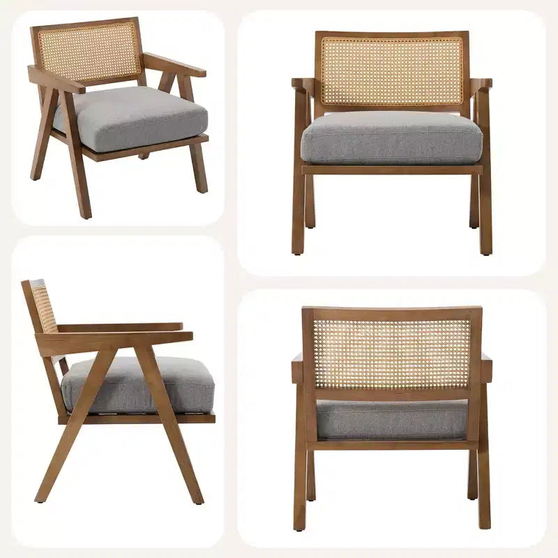 Fauteuil d'appoint de ferme du milieu du siècle - Fauteuil en bois avec dossier en rotin et coussin en lin pour salon, chambre à coucher - Assemblage facile