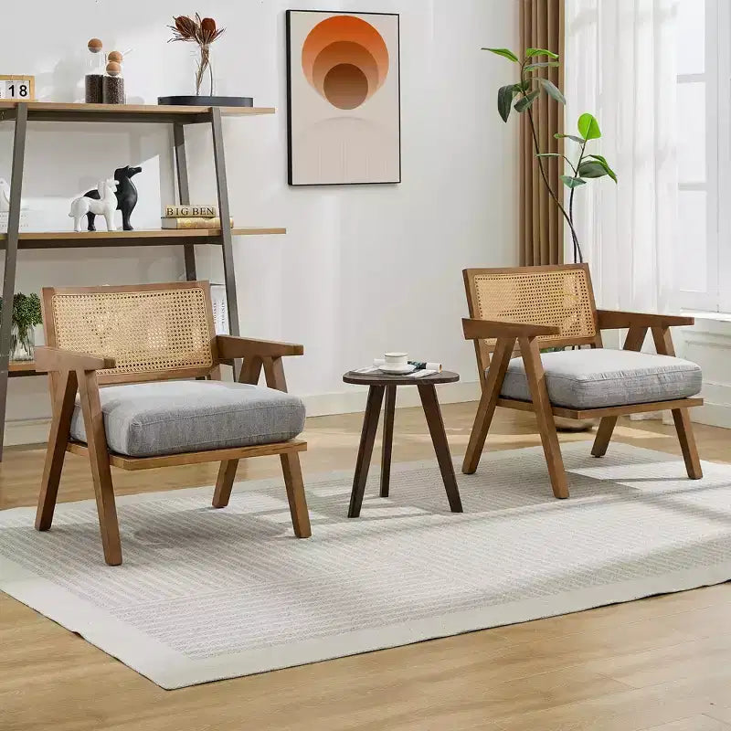 Fauteuil d'appoint de ferme du milieu du siècle - Fauteuil en bois avec dossier en rotin et coussin en lin pour salon, chambre à coucher - Assemblage facile