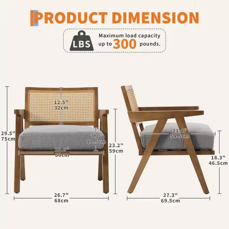 Fauteuil d'appoint de ferme du milieu du siècle - Fauteuil en bois avec dossier en rotin et coussin en lin pour salon, chambre à coucher - Assemblage facile