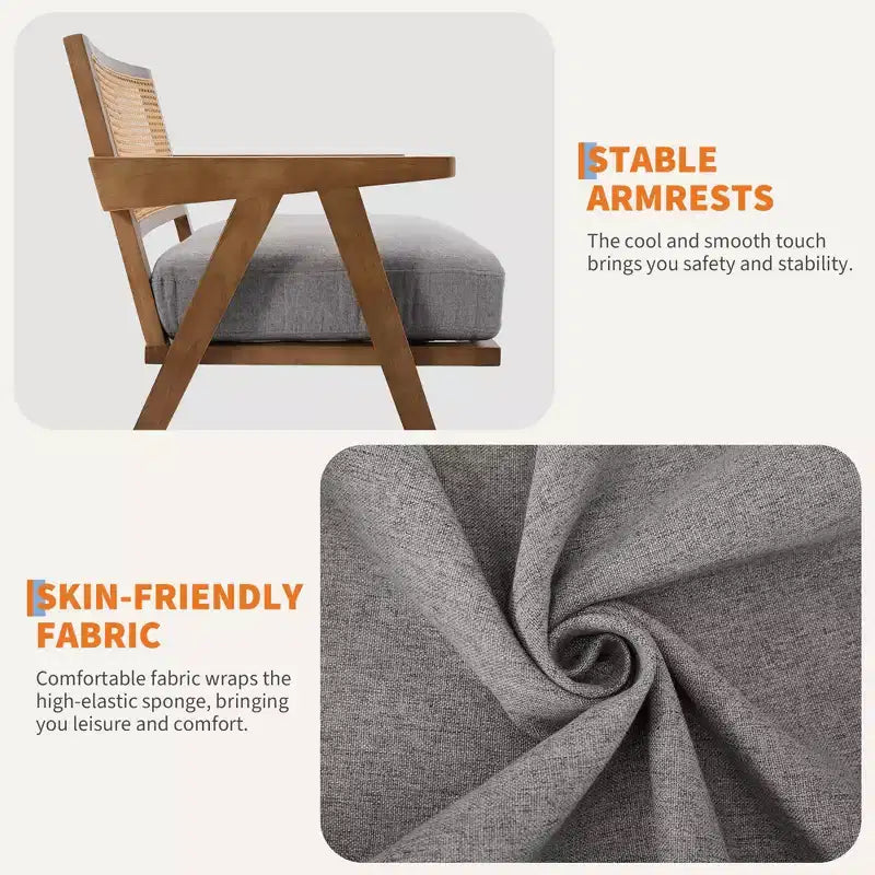 Fauteuil d'appoint de ferme du milieu du siècle - Fauteuil en bois avec dossier en rotin et coussin en lin pour salon, chambre à coucher - Assemblage facile
