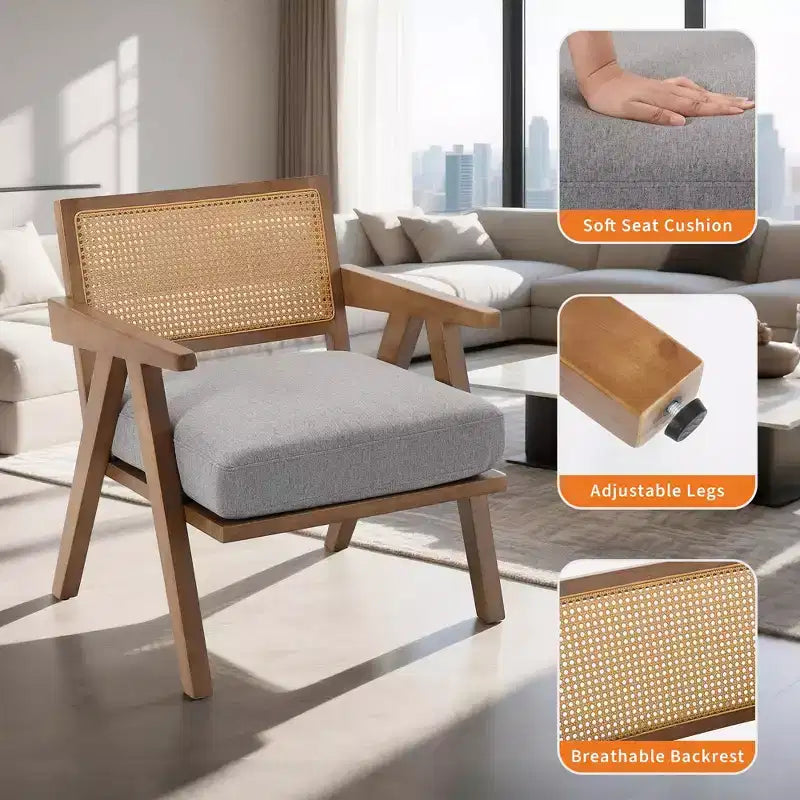 Fauteuil d'appoint de ferme du milieu du siècle - Fauteuil en bois avec dossier en rotin et coussin en lin pour salon, chambre à coucher - Assemblage facile