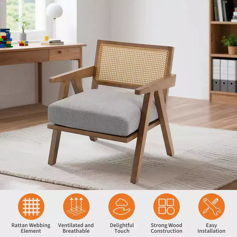 Fauteuil d'appoint de ferme du milieu du siècle - Fauteuil en bois avec dossier en rotin et coussin en lin pour salon, chambre à coucher - Assemblage facile