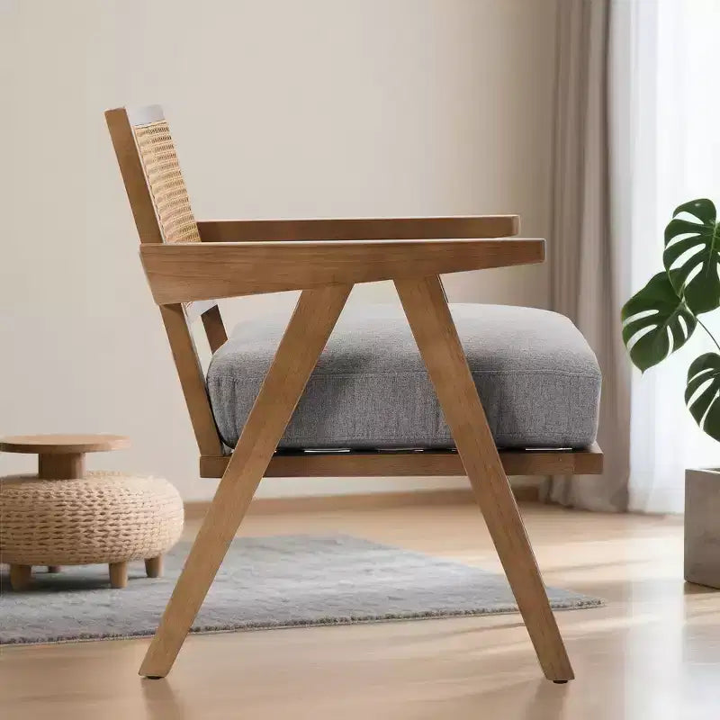 Fauteuil d'appoint de ferme du milieu du siècle - Fauteuil en bois avec dossier en rotin et coussin en lin pour salon, chambre à coucher - Assemblage facile