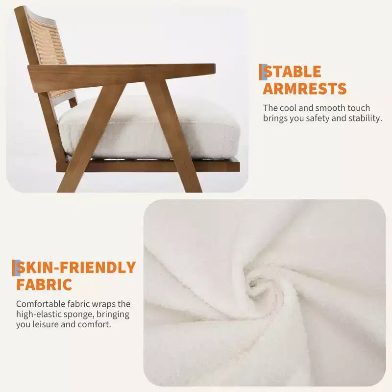 Fauteuil d'appoint de ferme du milieu du siècle - Fauteuil en bois avec dossier en rotin et coussin en lin pour salon, chambre à coucher - Assemblage facile