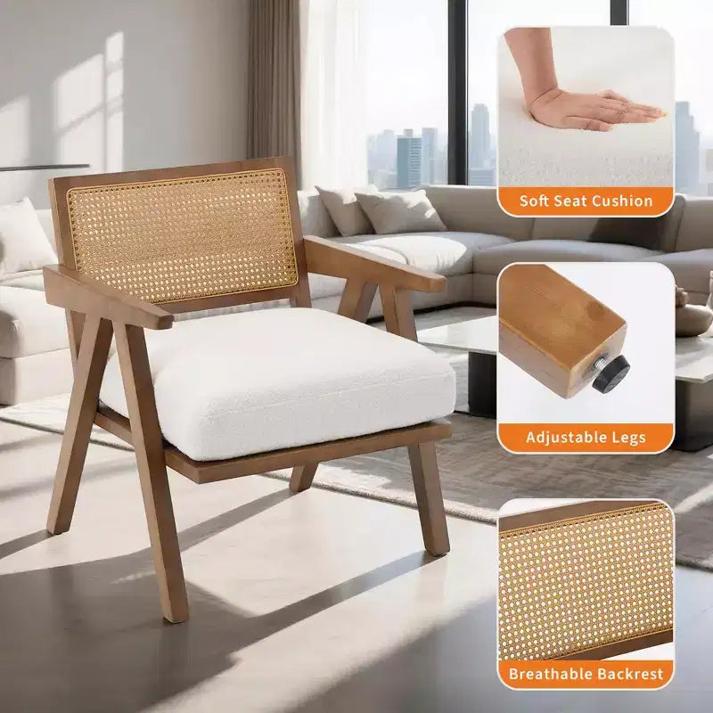 Fauteuil d'appoint de ferme du milieu du siècle - Fauteuil en bois avec dossier en rotin et coussin en lin pour salon, chambre à coucher - Assemblage facile