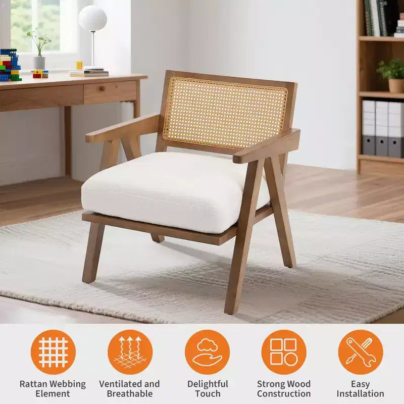 Fauteuil d'appoint de ferme du milieu du siècle - Fauteuil en bois avec dossier en rotin et coussin en lin pour salon, chambre à coucher - Assemblage facile