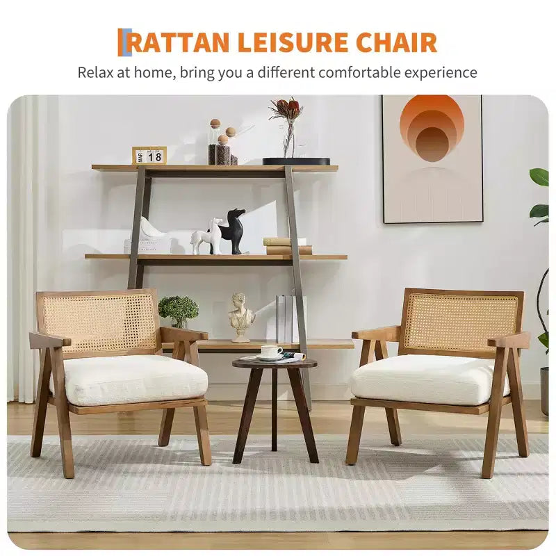 Fauteuil d'appoint de ferme du milieu du siècle - Fauteuil en bois avec dossier en rotin et coussin en lin pour salon, chambre à coucher - Assemblage facile