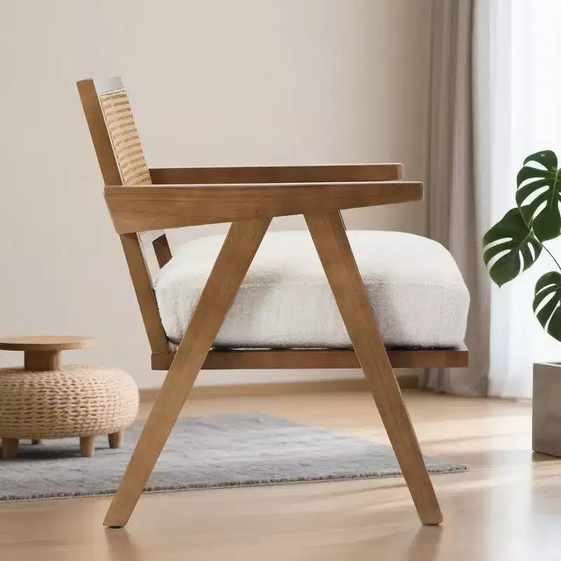 Fauteuil d'appoint de ferme du milieu du siècle - Fauteuil en bois avec dossier en rotin et coussin en lin pour salon, chambre à coucher - Assemblage facile