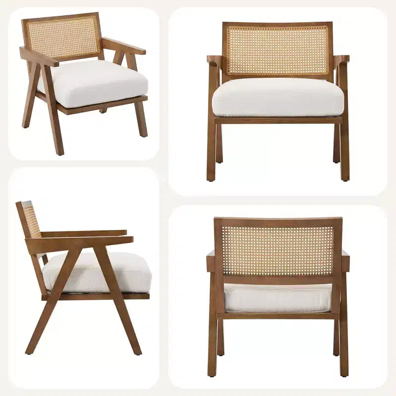 Fauteuil d'appoint de ferme du milieu du siècle - Fauteuil en bois avec dossier en rotin et coussin en lin pour salon, chambre à coucher - Assemblage facile