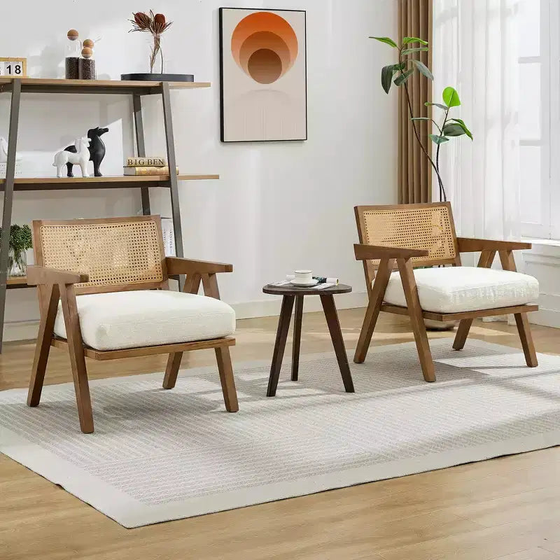 Fauteuil d'appoint de ferme du milieu du siècle - Fauteuil en bois avec dossier en rotin et coussin en lin pour salon, chambre à coucher - Assemblage facile