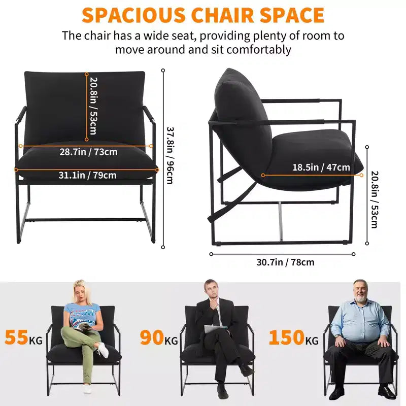 Fauteuil d'appoint Sling avec cadre en métal, fauteuil de salon moderne et confortable, fauteuil de lecture rembourré avec coussin en mousse déchiquetée, fauteuil surdimensionné et confortable